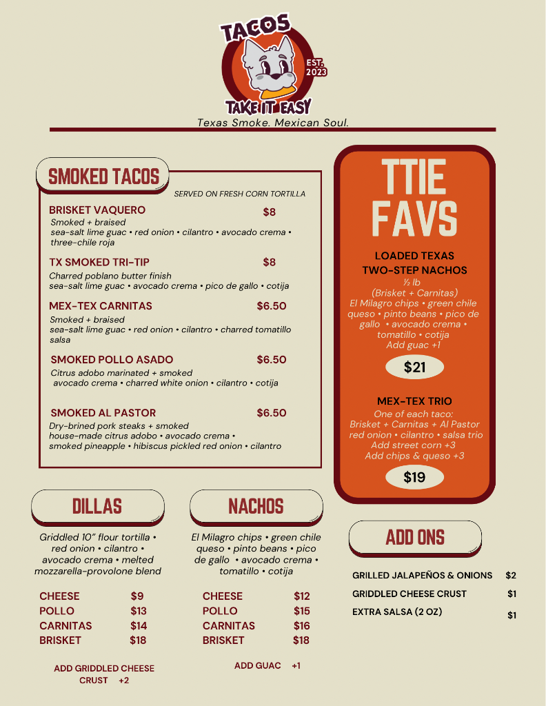 Tacos Take It Easy Full Menu